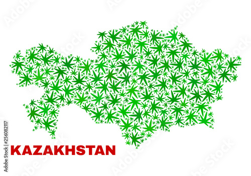 Vector cannabis Kazakhstan map mosaic. Template with green weed leaves for weed legalize campaign. Vector Kazakhstan map is organized with weed leaves.