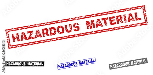 Grunge HAZARDOUS MATERIAL rectangle stamp seals isolated on a white background. Rectangular seals with grunge texture in red, blue, black and gray colors.