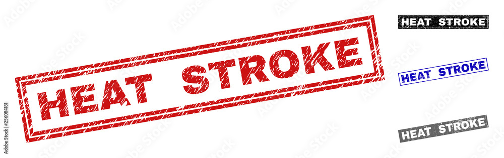 Grunge HEAT STROKE rectangle stamp seals isolated on a white background. Rectangular seals with grunge texture in red, blue, black and grey colors. Grunge HEAT STROKE rectangle stamp seals isolated on a white background. Rectangular seals with grunge texture in red, blue, black and grey colors.