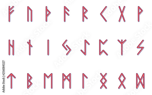 Set of ancient Norse runes. Runic alphabet. Futhark. Ancient occult symbols. Vector illustration. Old Germanic letters of red color on a white background