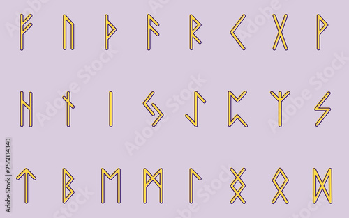 Set of ancient Norse runes. Runic alphabet. Futhark. Ancient occult symbols. Vector illustration. Old Germanic letters of yellow color on a pink background