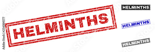 Grunge HELMINTHS rectangle stamp seals isolated on a white background. Rectangular seals with grunge texture in red, blue, black and grey colors.