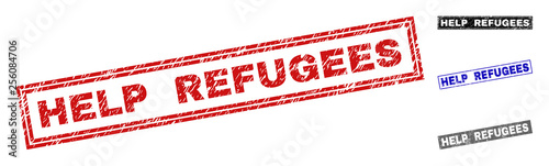 Grunge HELP REFUGEES rectangle stamp seals isolated on a white background. Rectangular seals with grunge texture in red, blue, black and gray colors.