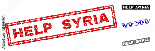 Grunge HELP SYRIA rectangle stamp seals isolated on a white background. Rectangular seals with grunge texture in red, blue, black and grey colors.