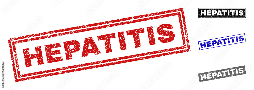 Grunge HEPATITIS rectangle stamp seals isolated on a white background. Rectangular seals with grunge texture in red, blue, black and gray colors. Grunge HEPATITIS rectangle stamp seals isolated on a white background. Rectangular seals with grunge texture in red, blue, black and gray colors.