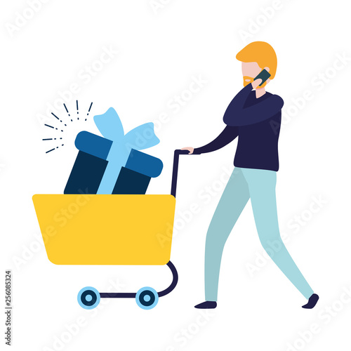 man with smartphone and shopping cart