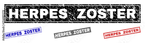 Grunge HERPES ZOSTER rectangle stamp seals isolated on a white background. Rectangular seals with grunge texture in red, blue, black and gray colors.