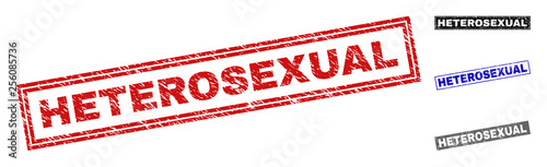 Grunge HETEROSEXUAL rectangle stamp seals isolated on a white background. Rectangular seals with grunge texture in red, blue, black and grey colors.