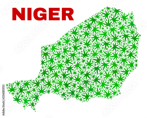 Vector marijuana Niger map mosaic. Concept with green weed leaves for marijuana legalize campaign. Vector Niger map is organized with weed leaves.