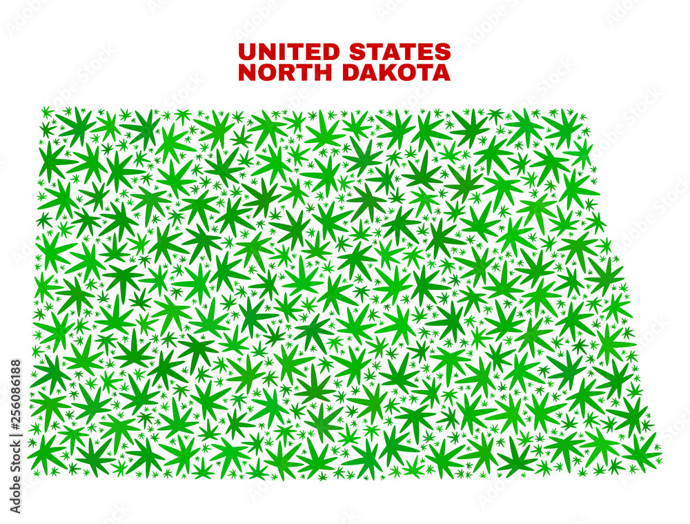 Vector cannabis North Dakota State map collage. Template with green