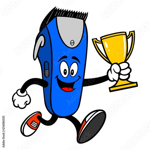 Electrical Hair Clipper Mascot running with a Trophy - A vector cartoon illustration of a barber shop electrical hair clipper mascot running with a Trophy.