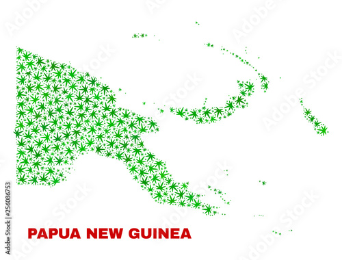 Vector marijuana Papua New Guinea map collage. Concept with green weed leaves for weed legalize campaign. Vector Papua New Guinea map is designed of marijuana leaves.