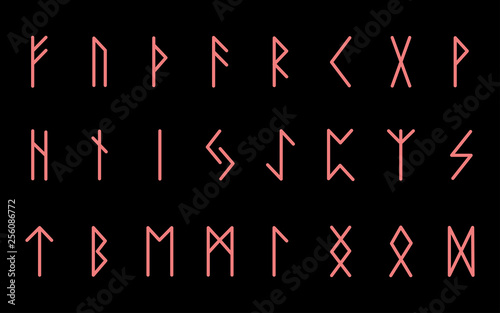 Set of ancient Norse runes. Runic alphabet, Futhark. Ancient occult symbols. Vector illustration. Old german pink coral letters on black background