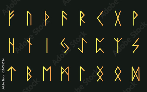 Set of ancient Norse runes. Runic alphabet, Futhark. Ancient occult symbols. Vector illustration. Old German yellow gold letters on a dark background
