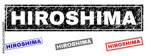 Grunge HIROSHIMA rectangle stamp seals isolated on a white background. Rectangular seals with grunge texture in red, blue, black and gray colors.