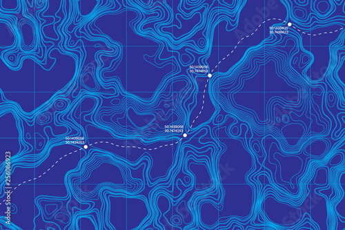 View From Above Lie Of The Ground Conceptual Vector Topographic Map With Route And Coordinates Abstract Blue Background. Topography Landscape. Topography Geography. Topographic Map