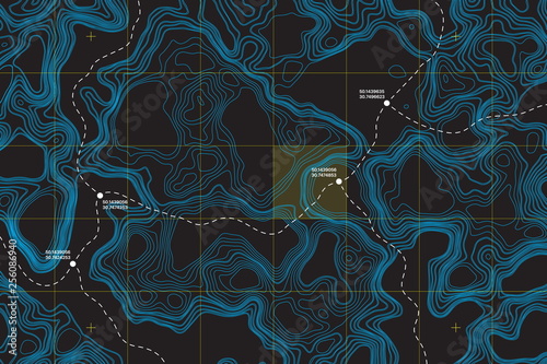 View From Above Lie Of The Ground Conceptual Vector Topographic Map With Route And Coordinates Abstract Blue Background. Topography Landscape. Topography Geography. Topographic Map photo