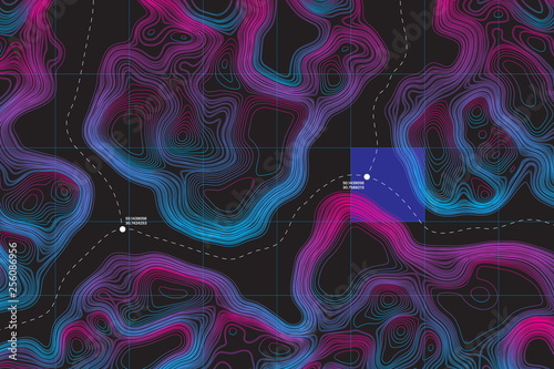 View From Above Alien Terrain Conceptual Vector Topographic Map With Route And Coordinates User Interface Abstract Background. Topographic Cartography. Topographic Map. Topographic Atlas