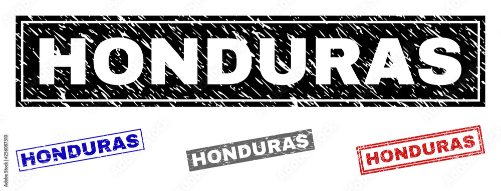 Grunge HONDURAS rectangle stamp seals isolated on a white background. Rectangular seals with grunge texture in red, blue, black and grey colors.