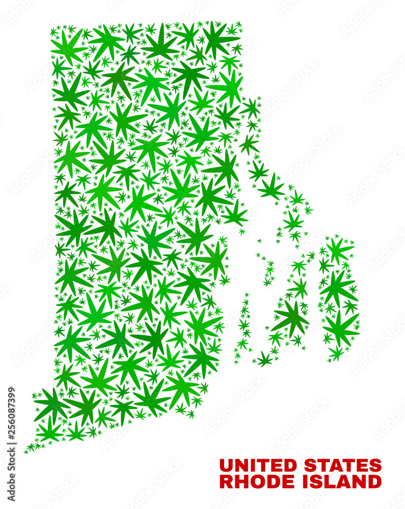 Vector cannabis Rhode Island State map mosaic. Concept with green weed leaves for weed legalize campaign. Vector Rhode Island State map is constructed of cannabis leaves. Vector cannabis Rhode Island State map mosaic. Concept with green weed leaves for weed legalize campaign. Vector Rhode Island State map is constructed of cannabis leaves.