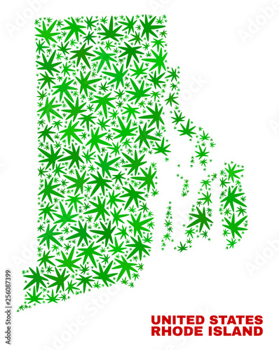 Vector cannabis Rhode Island State map mosaic. Concept with green weed leaves for weed legalize campaign. Vector Rhode Island State map is constructed of cannabis leaves.