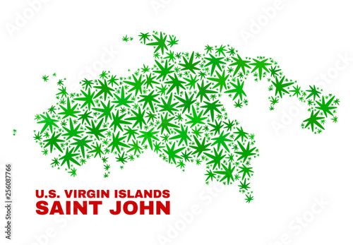 Vector marijuana Saint John Island map collage. Concept with green weed leaves for weed legalize campaign. Vector Saint John Island map is composed from marijuana leaves.