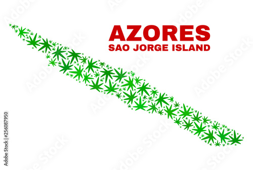 Vector cannabis Sao Jorge Island map collage. Template with green weed leaves for cannabis legalize campaign. Vector Sao Jorge Island map is composed with weed leaves.