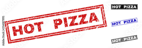 Grunge HOT PIZZA rectangle stamp seals isolated on a white background. Rectangular seals with grunge texture in red, blue, black and grey colors.