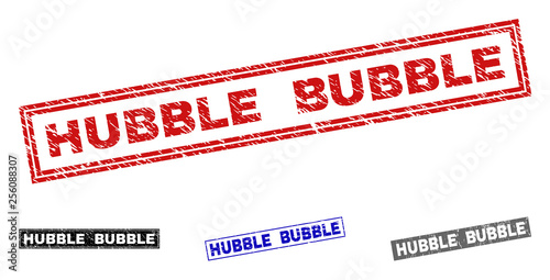 Grunge HUBBLE BUBBLE rectangle stamp seals isolated on a white background. Rectangular seals with grunge texture in red, blue, black and gray colors.