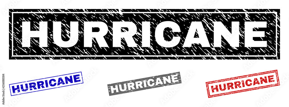 Grunge HURRICANE rectangle stamp seals isolated on a white background. Rectangular seals with grunge texture in red, blue, black and grey colors.