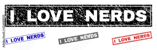Grunge I LOVE NERDS rectangle stamp seals isolated on a white background. Rectangular seals with distress texture in red, blue, black and grey colors.