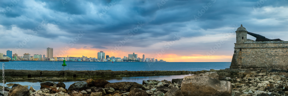 The city of Havana and its historic fortifications at sunset