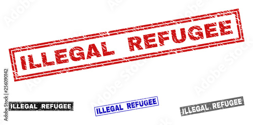 Grunge ILLEGAL REFUGEE rectangle stamp seals isolated on a white background. Rectangular seals with grunge texture in red, blue, black and gray colors.