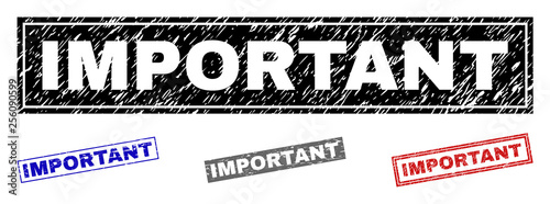 Grunge IMPORTANT rectangle stamp seals isolated on a white background. Rectangular seals with grunge texture in red, blue, black and gray colors.