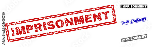 Grunge IMPRISONMENT rectangle stamp seals isolated on a white background. Rectangular seals with grunge texture in red, blue, black and grey colors.