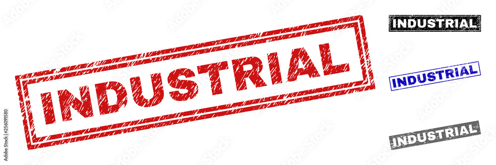 Grunge INDUSTRIAL rectangle stamp seals isolated on a white background. Rectangular seals with grunge texture in red, blue, black and gray colors. Grunge INDUSTRIAL rectangle stamp seals isolated on a white background. Rectangular seals with grunge texture in red, blue, black and gray colors.