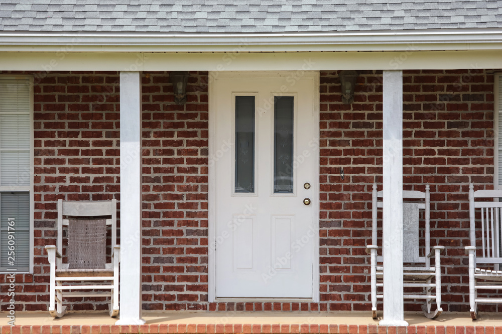 Front Door of a Brick 1980's Traditional Standard Home House Stock ...
