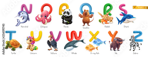 Zoo alphabet. Funny animals, 3d vector icons set. Letters N - Z Part 2. Narwhal, octopus, panda, quokka, rabbit, shark, turtle, unicorn, vulture, whale, x-ray fish, yak, zebra