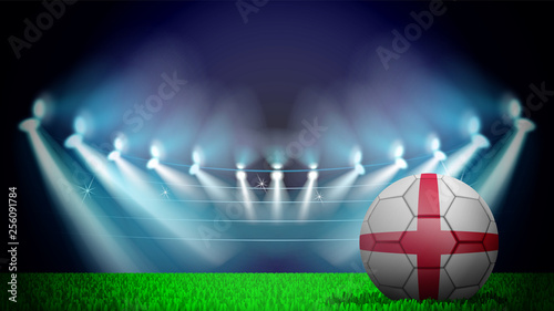 illustration of realistic soccer ball painted in the national flag of England on lighted stadium. Vector can be used in advertising