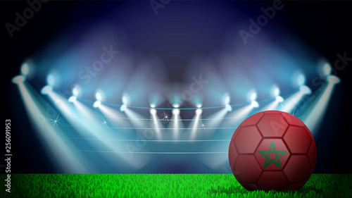 illustration of realistic soccer ball painted in the national flag of Morocco on lighted stadium. Vector can be used in advertising
