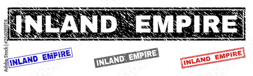 Grunge INLAND EMPIRE rectangle stamp seals isolated on a white background. Rectangular seals with grunge texture in red, blue, black and grey colors.