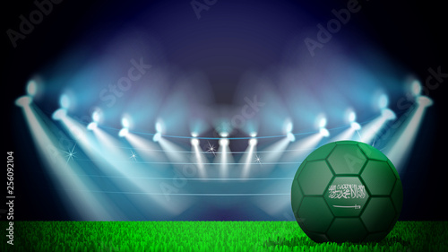 illustration of realistic soccer ball painted in the national flag of Saudi Arabia on lighted stadium. Vector can be used in advertising