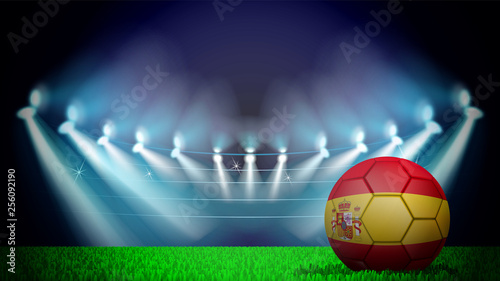 illustration of realistic soccer ball painted in the national flag of Spain on lighted stadium. Vector can be used in advertising