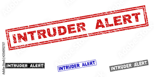 Grunge INTRUDER ALERT rectangle stamps isolated on a white background. Rectangular seals with grunge texture in red, blue, black and gray colors.