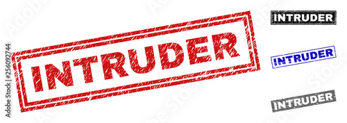Grunge INTRUDER rectangle stamp seals isolated on a white background. Rectangular seals with grunge texture in red, blue, black and grey colors.