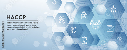 HACCP - Hazard Analysis Critical Control Points icon set and web header banner with award or checkmark