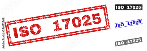 Grunge ISO 17025 rectangle stamp seals isolated on a white background. Rectangular seals with grunge texture in red, blue, black and gray colors.