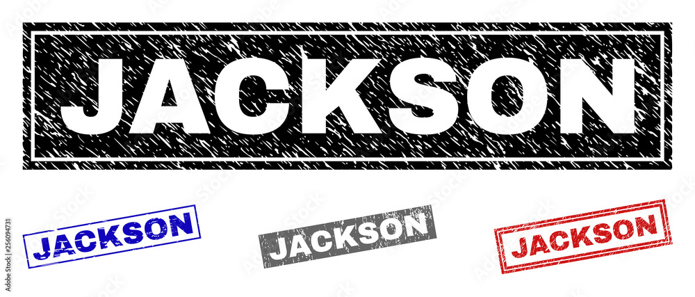 Grunge JACKSON rectangle stamp seals isolated on a white background. Rectangular seals with distress texture in red, blue, black and grey colors. Grunge JACKSON rectangle stamp seals isolated on a white background. Rectangular seals with distress texture in red, blue, black and grey colors.