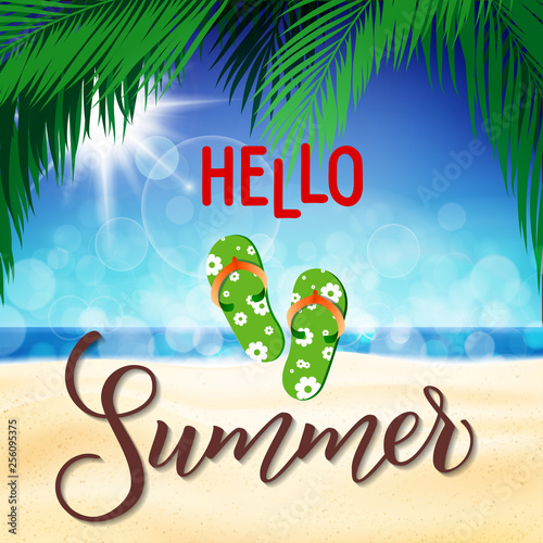 Summer tropical beach background with sandal and original hand lettering Hello Summer