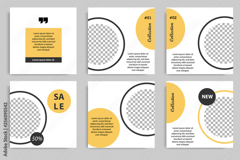 Editable square abstract geometric banner template for social media post. Black and yellow frame in the white background. Minimal design background vector illustration Editable square abstract geometric banner template for social media post. Black and yellow frame in the white background. Minimal design background vector illustration